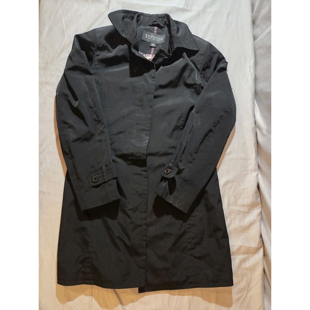 Towne Rain Trench Coat Womens Small Black Floral Lined Belted Waist Button Front